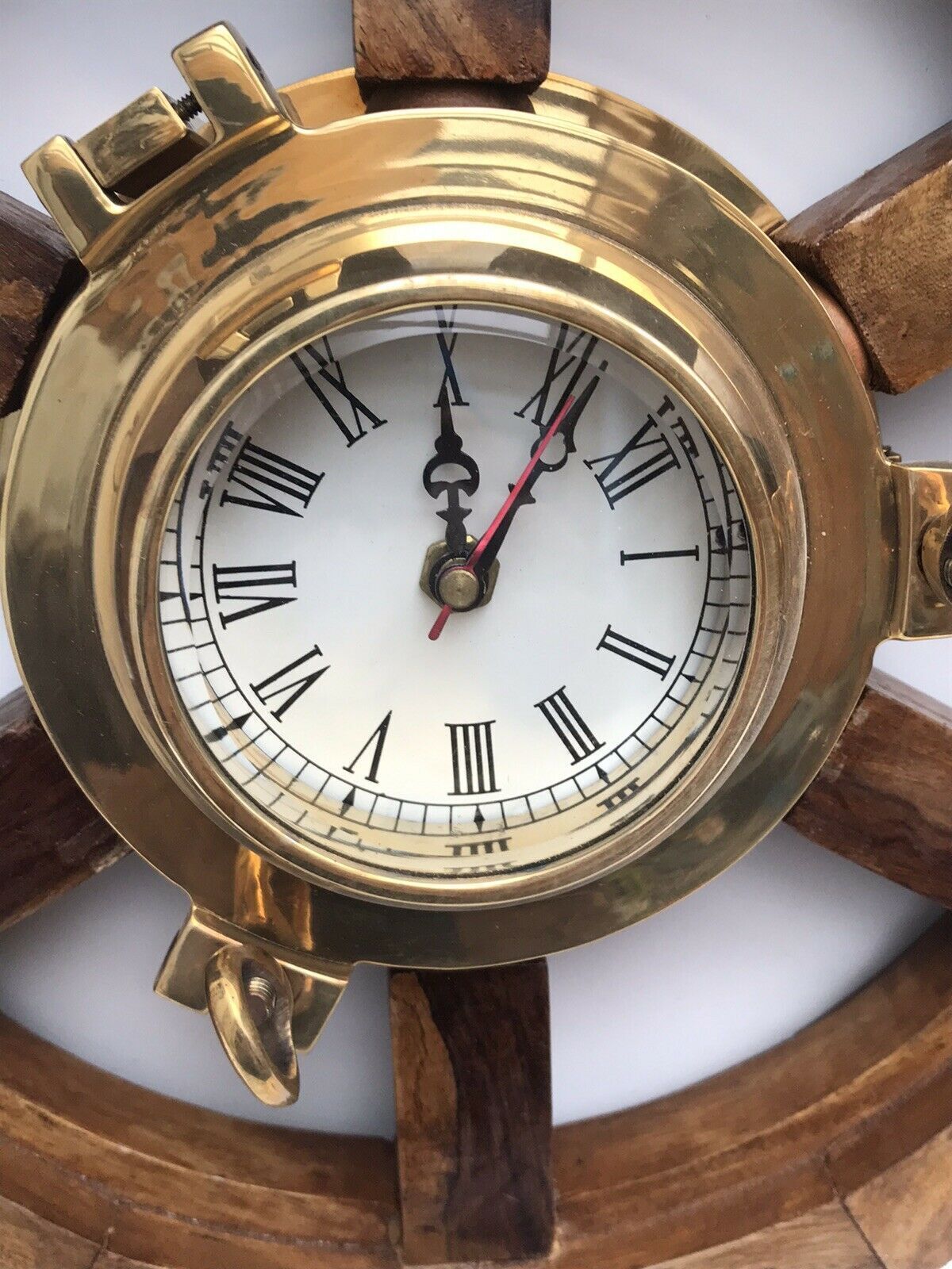 24 Inch Solid Brass Porthole Nautical Steering Ship Wheel Brass Wooden Clock