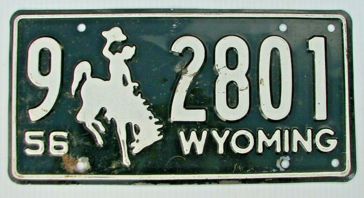 Wyoming 1956  Auto License Plate " 9  2801 "  Wy 56  Bucking Bronco All Original