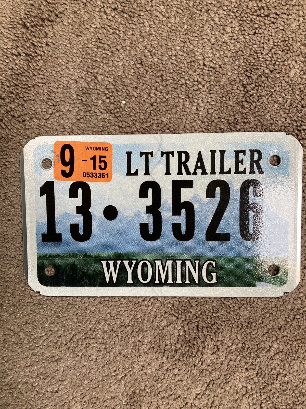 Original 2015 Wyoming Lt Trailer License Plate - Nice!
