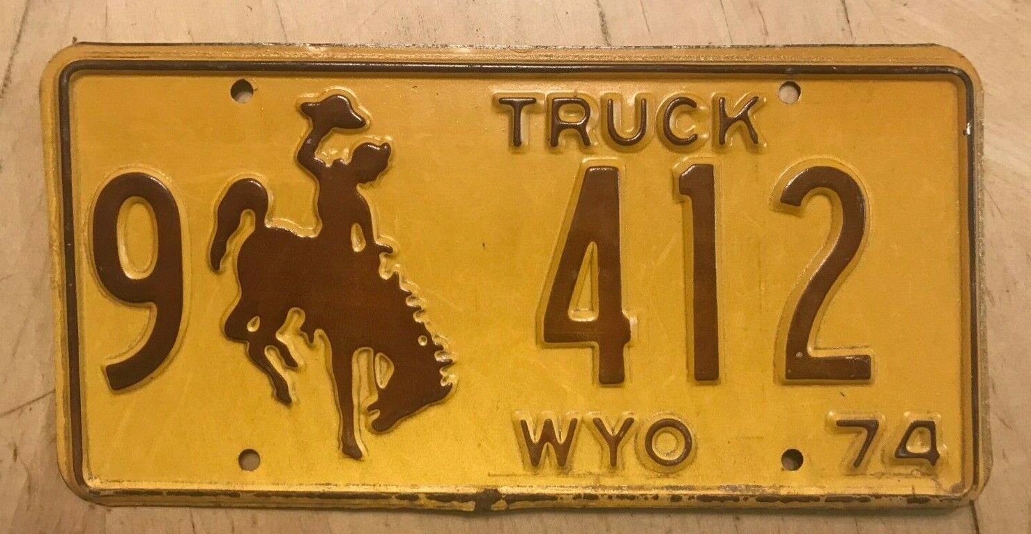 1974 Wyoming Bucking Bronco Low Number Truck License Plate " 9 412 " Wy 74