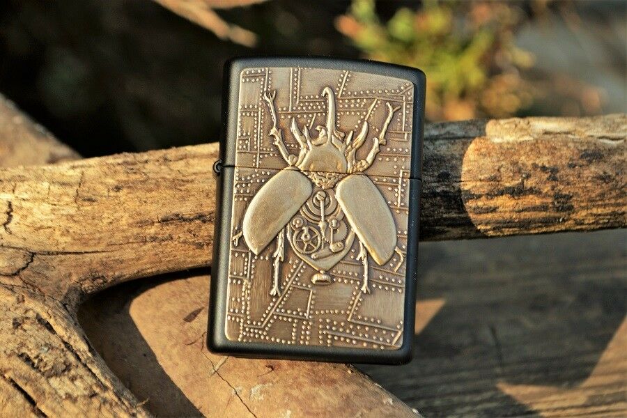 Zippo Lighter - Steampunk Beetle Brass Emblem - Insect - Bug - Matte Black