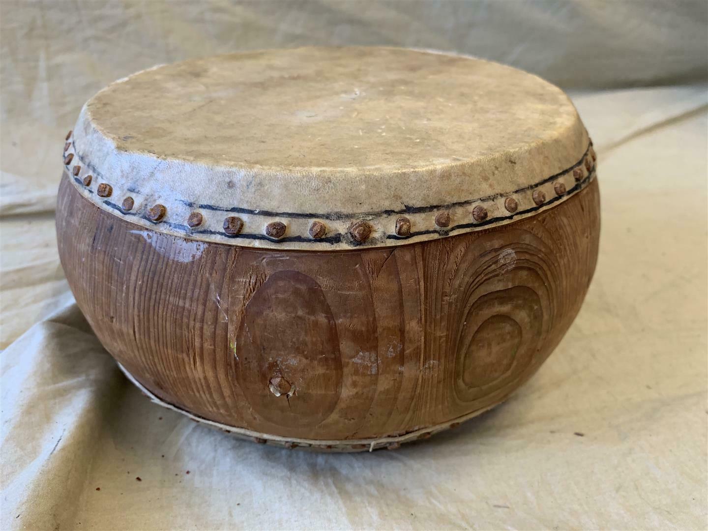 Vintage 7.5" Carved Wood Drum/rattle W/ Skin/hide Drum Head - Unknown Origin