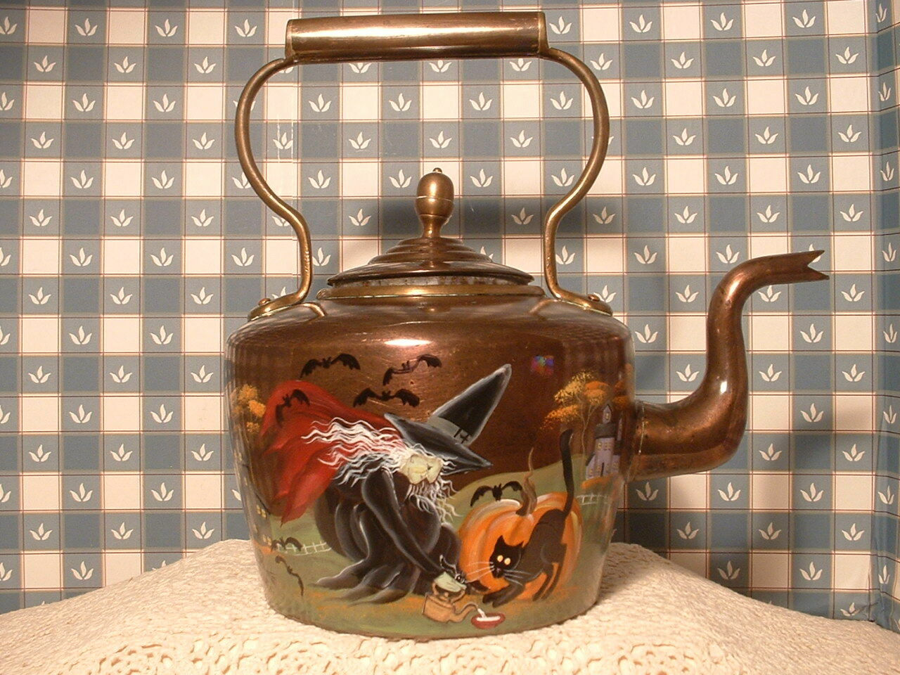Vintage Heavy Brass Tea Pot Halloween Witch Folk Art Hand Painted