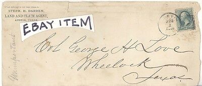 1881 Stephen H. Darden Austin Texas Land Claim Agent Postal Cover Stamp Wheelock