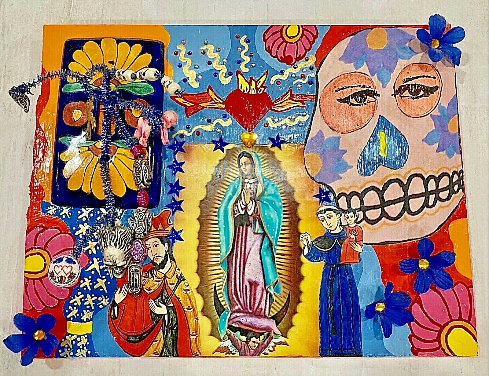 Mexican Folk Art - Day Of The Dead Shrine Painting - 11" X 9" X 3 ½" - Outsider