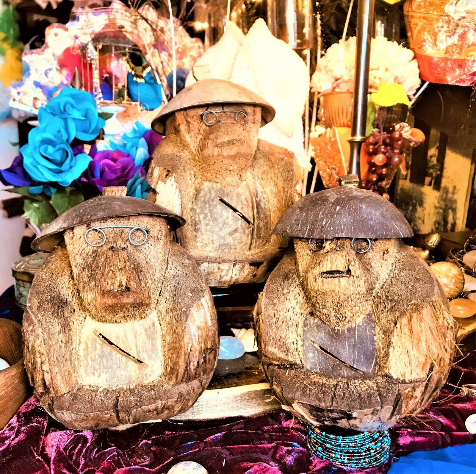 🤎 Spirited Vintage Gate Guards Hear See Speak No Evil Coconut Monkey Vessels