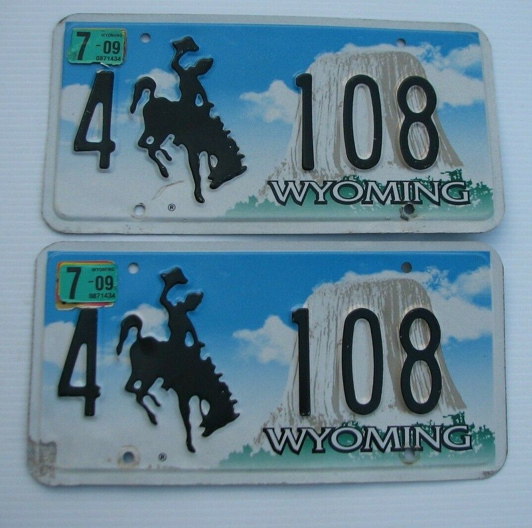 Wyoming 3 Digit License Plate Pair " 4 108 " Low No. Devils Tower Bucking Bronco