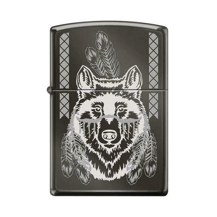 Zippo Lighter - Indian Wolf Engraved On Black Ice - 854024