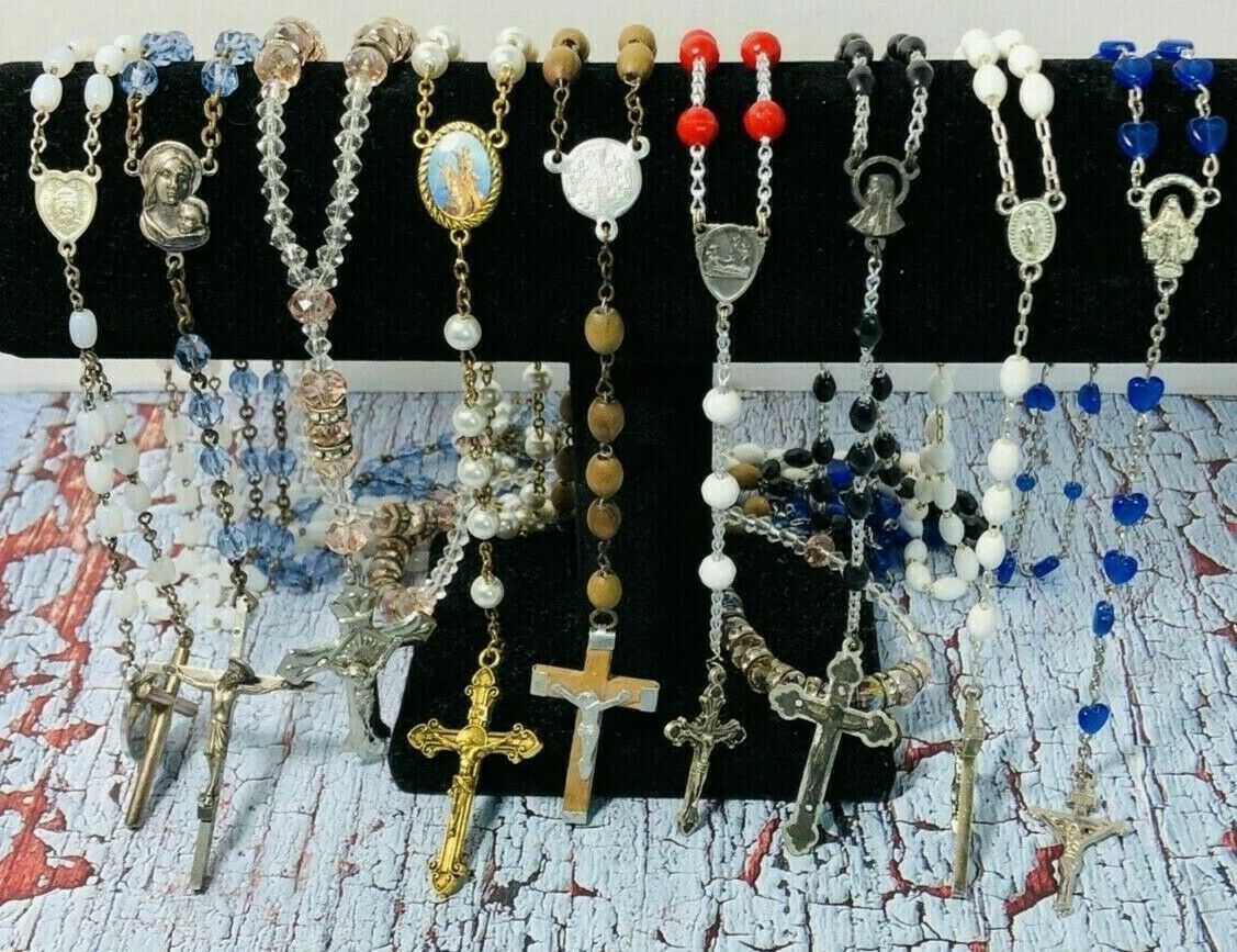 Vintage To Modern Religious Rosary Lot, 9 Rosaries, Italy, Glass, Wood, Plastic