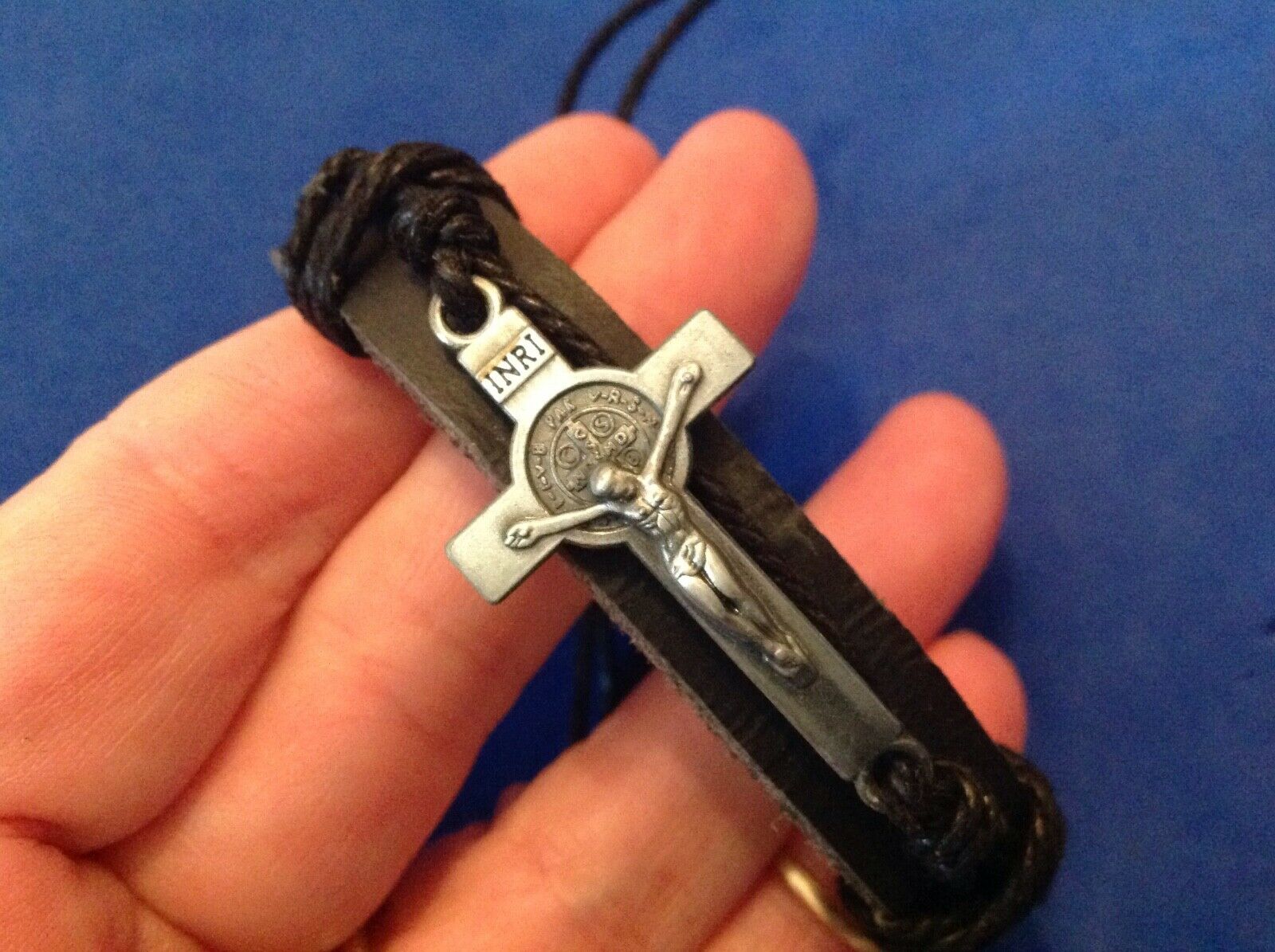 Rare Leather St Benedict Cross Crucifix Bracelet Protection Black Antique Silver