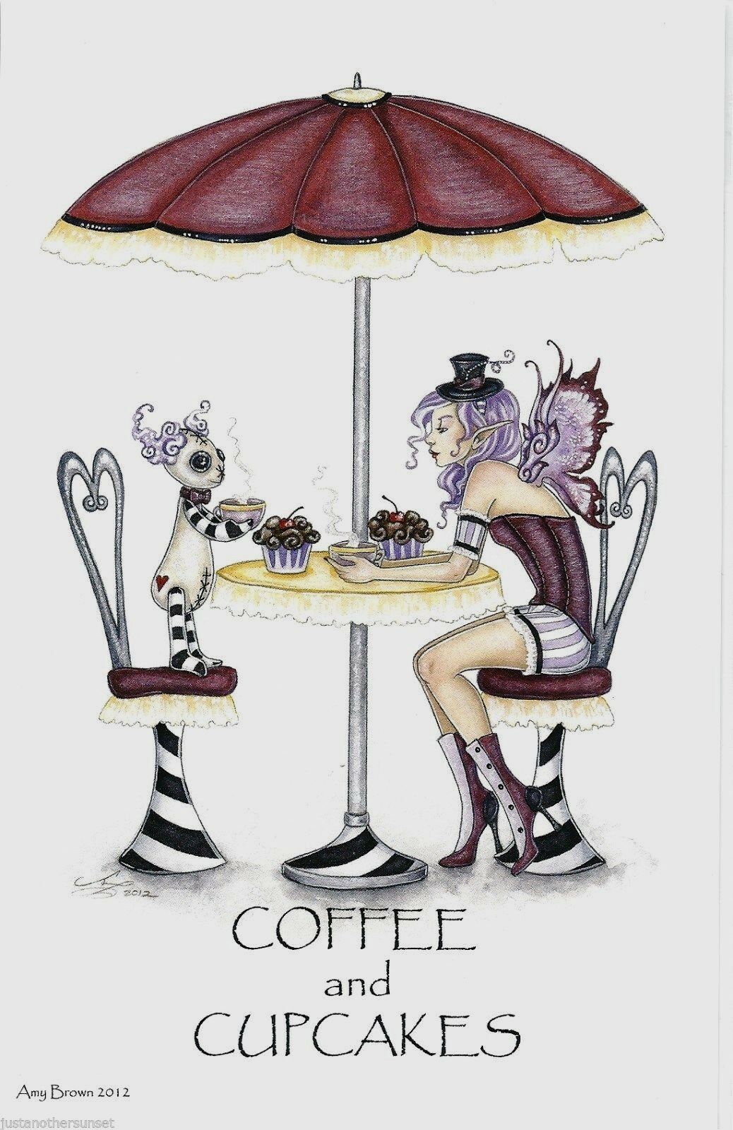 Amy Brown Print 5.5x8.5 Fairy Pixie Coffee And Cupcakes Cafe French Corset Shop