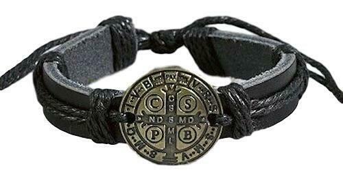 Men's St Benedict Bracelet Black Leather Religious Catholic Saint Medal Protect