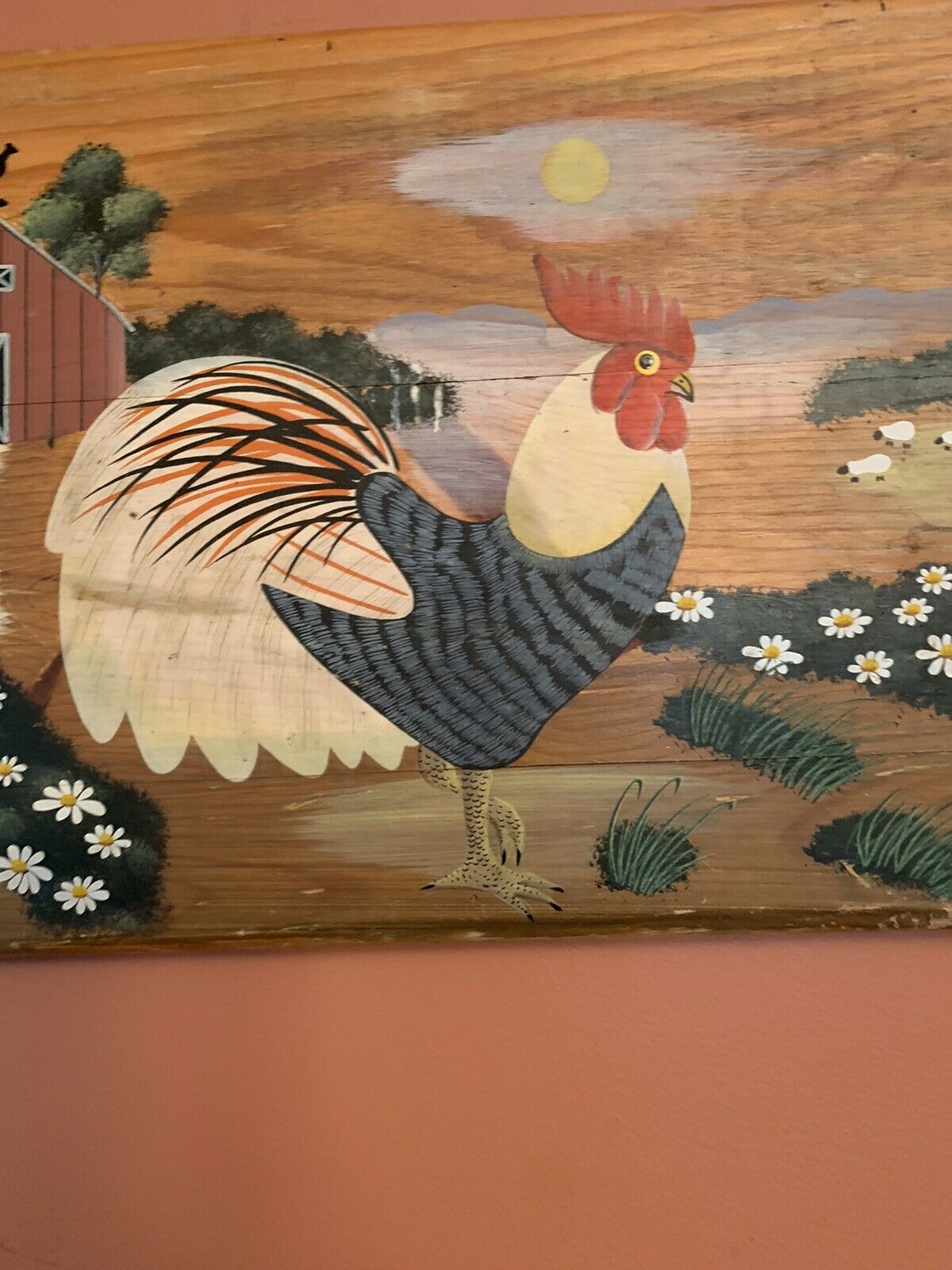 Folk Art Primitive Rooster On Farm Painted On Board.         10” X 25”