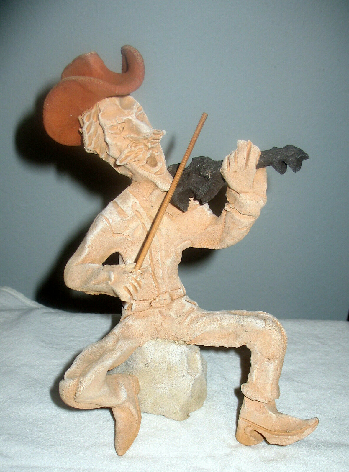 Tom Schoolcraft Clay Sculpture Figurine Cowboy Playing Fiddle, Signed