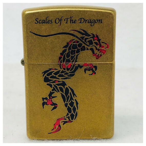 Scales Of The Dragon A Zippo Oil Lighter 2003 Vintage Gold Black Red Print