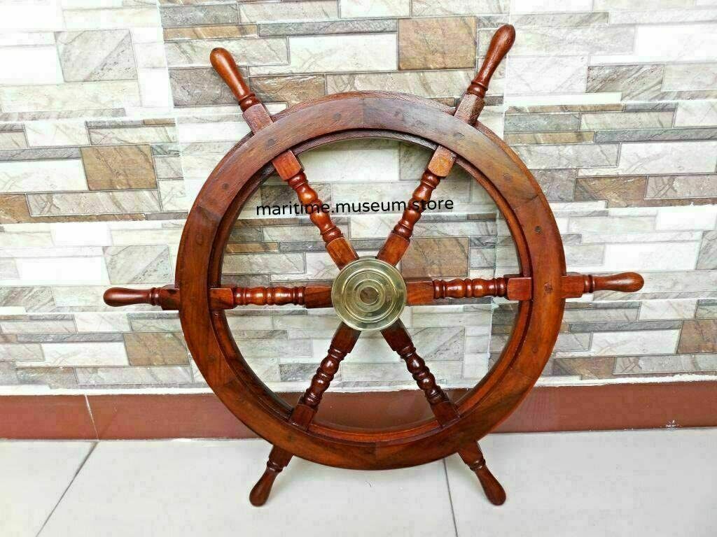 24" Brass Finishing Wooden Steering Ship Wheel Pirate Vintage Wall Boat Décor