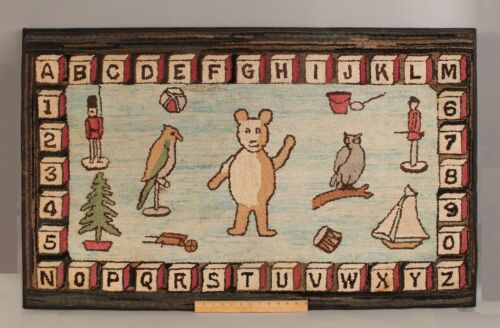 Antique 1930s Folk Art Alphabet Teddy Bear Doll Animals Toys Area Rug No Reserve
