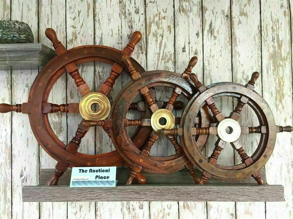 12", 18", 24" Nautical Boat Wooden/brass Ship Steering Wheel Combo Of 3 Pieces