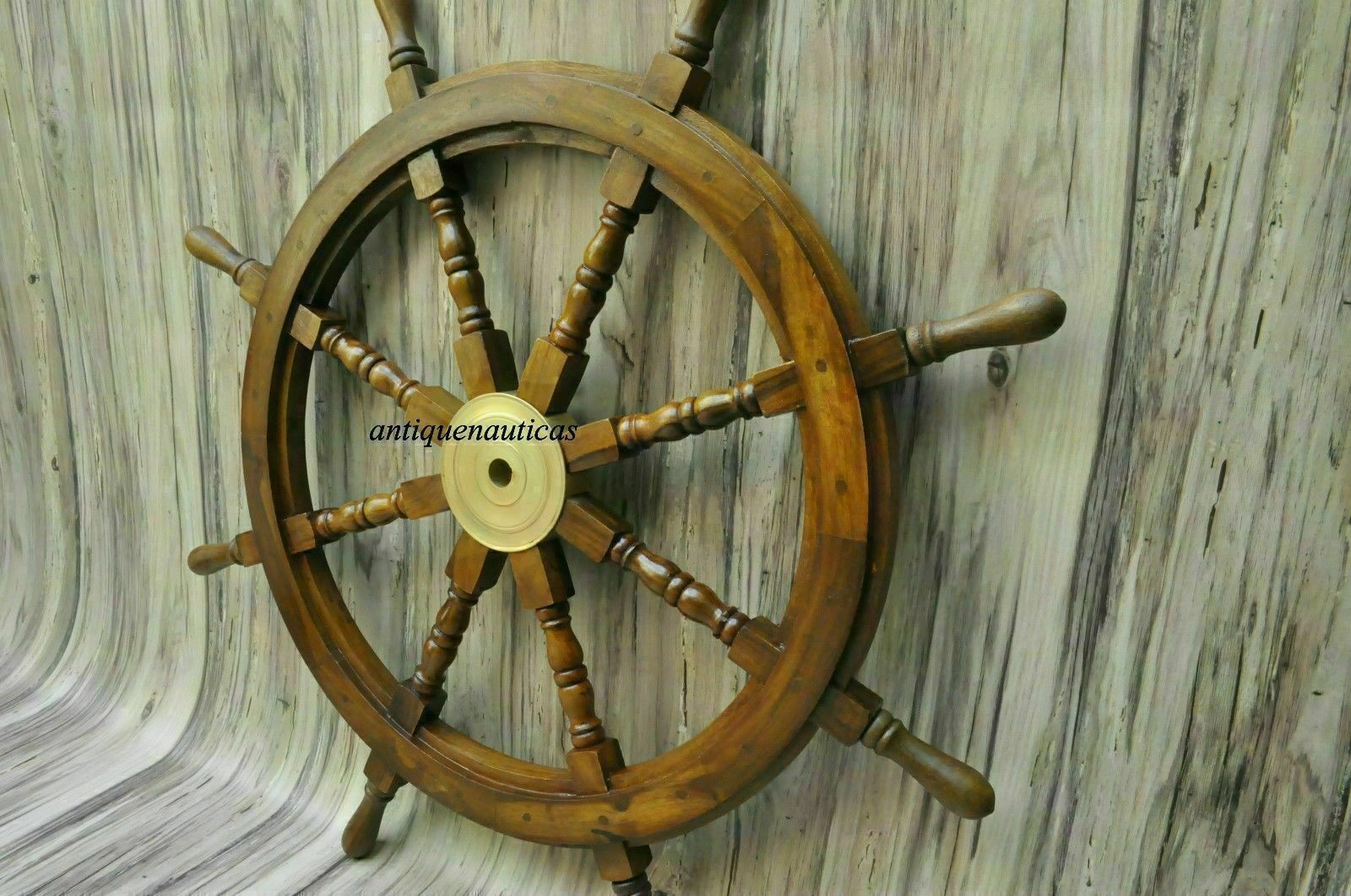 36 Inch Big Ship Steering Wheel Wooden Antique Teak Brass Nautical Pirate Ship's