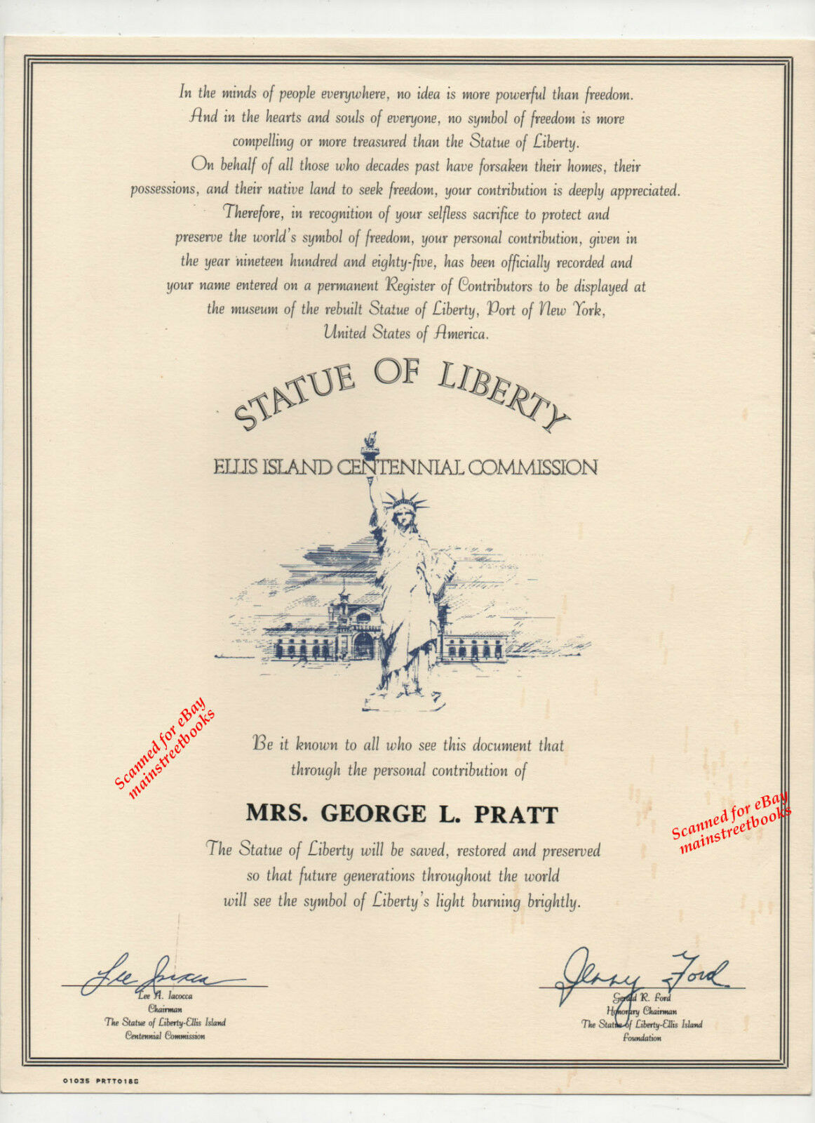 Statue Of Liberty 1985 Ellis Island Centennial Commission Certificate