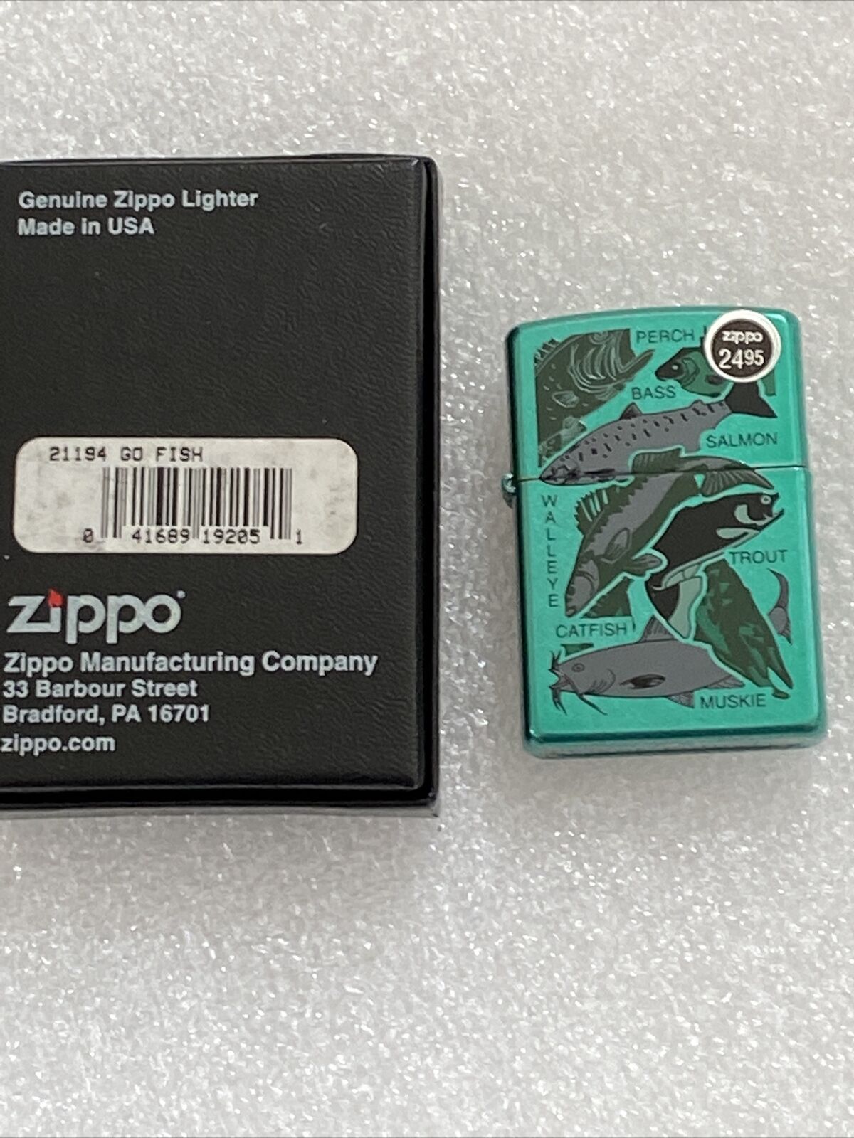 Zippo Lighter 2005  Go Fish New In Box Emerald Green With Walleye Trout Catfish