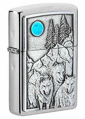 Zippo Wolf Pack And Moon Emblem Brushed Chrome Pocket Lighter Silver One Size