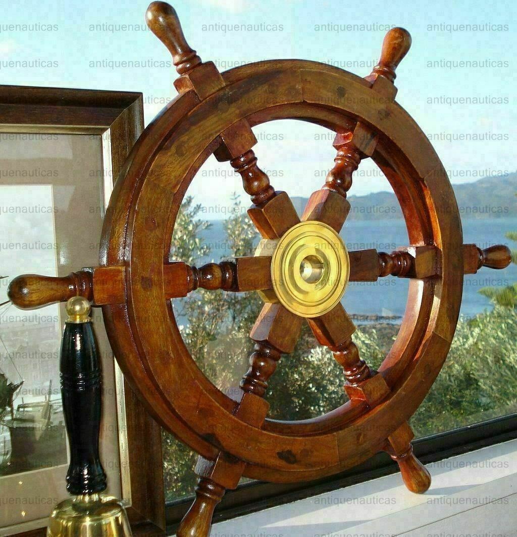 Ship's Teak Wood Steering Wheel 24 Inch Antique Style Brass Center Nautical Gift