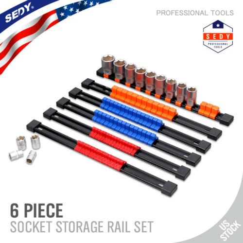 6pc Socket Organizer Mountable Sliding Holder Rail Rack Tool Storage 1/4 3/8 1/2