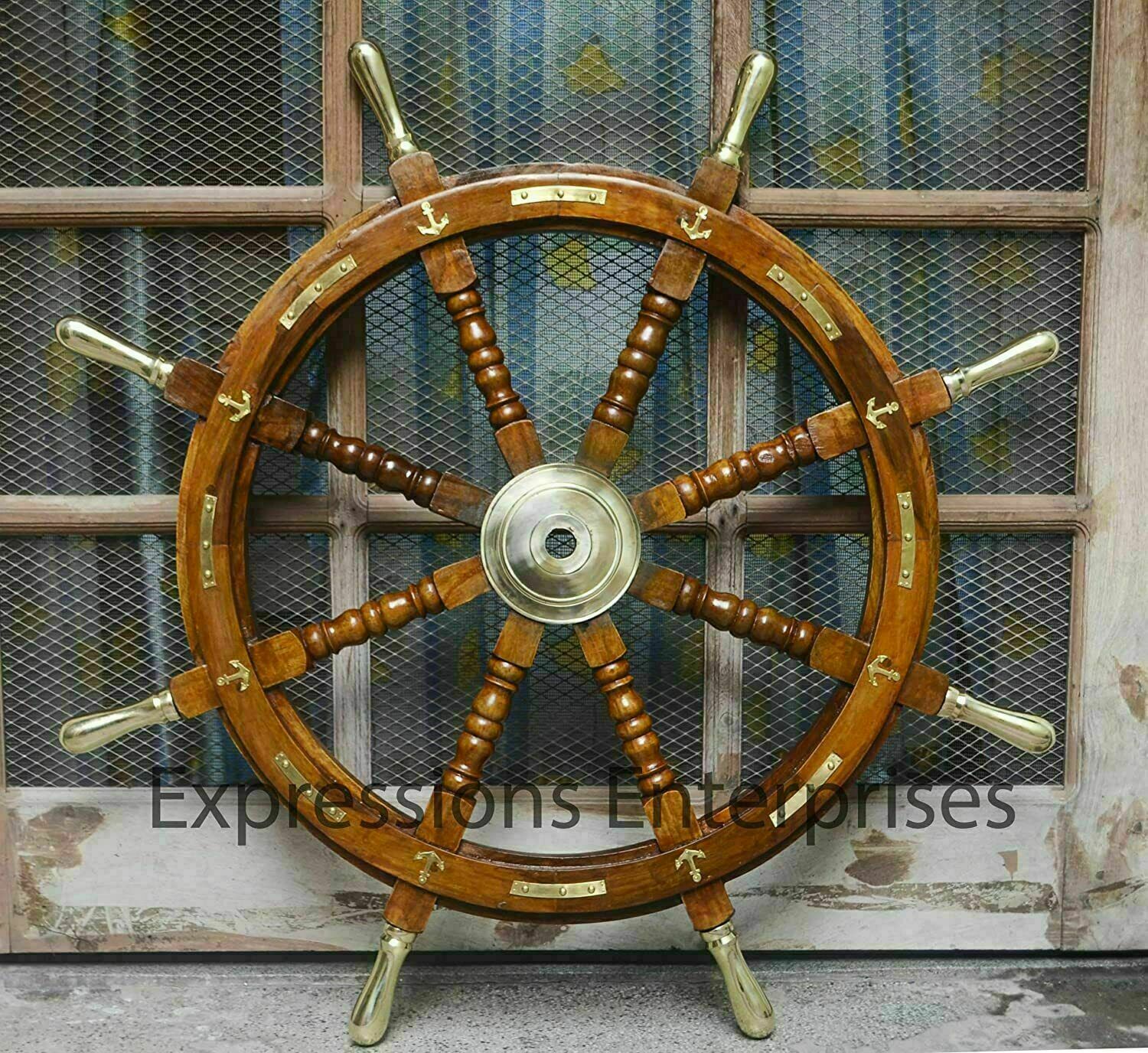 36" Handmade Wooden Steering Ship Wheel Nautical Ship Wheel Brass Anchor Wheel