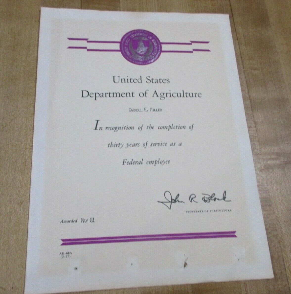 1981 United States Department Of Agriculture 30 Year Service Award  (w2)