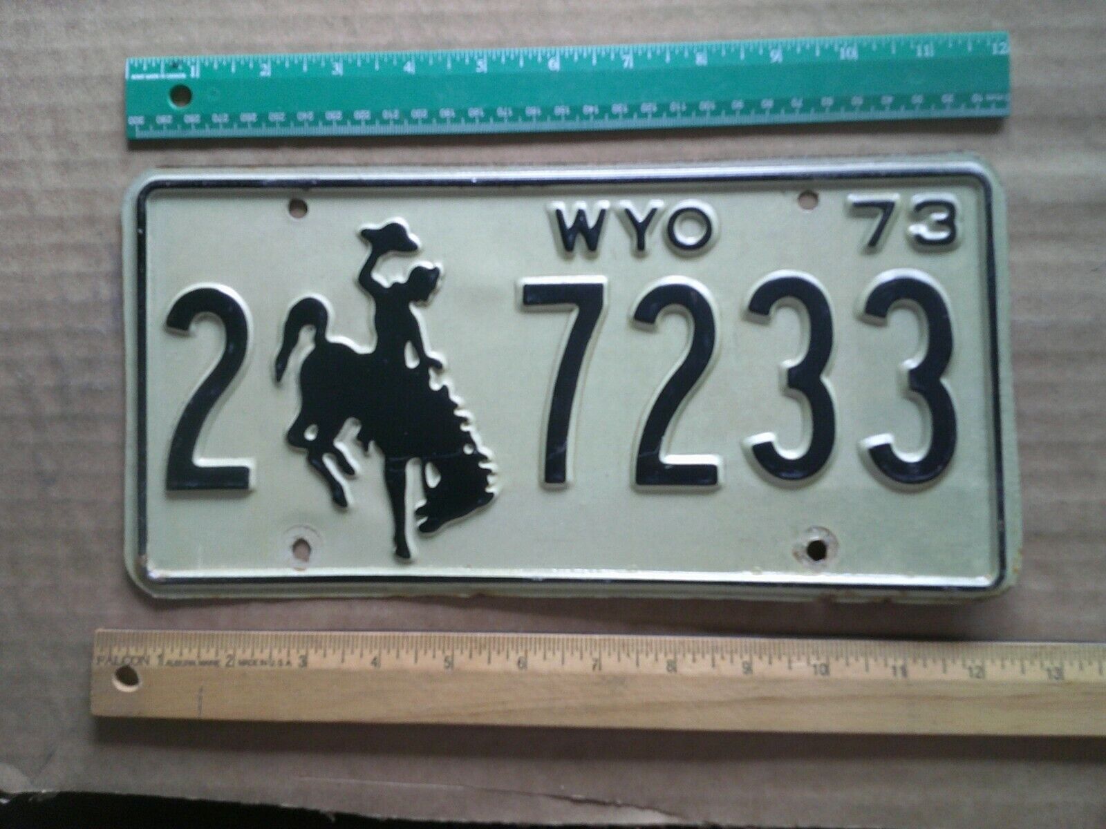 License Plate, Wyoming, 1973, 2 Bucking Bronco 7233, Yee-haw, Ridem Cowboy
