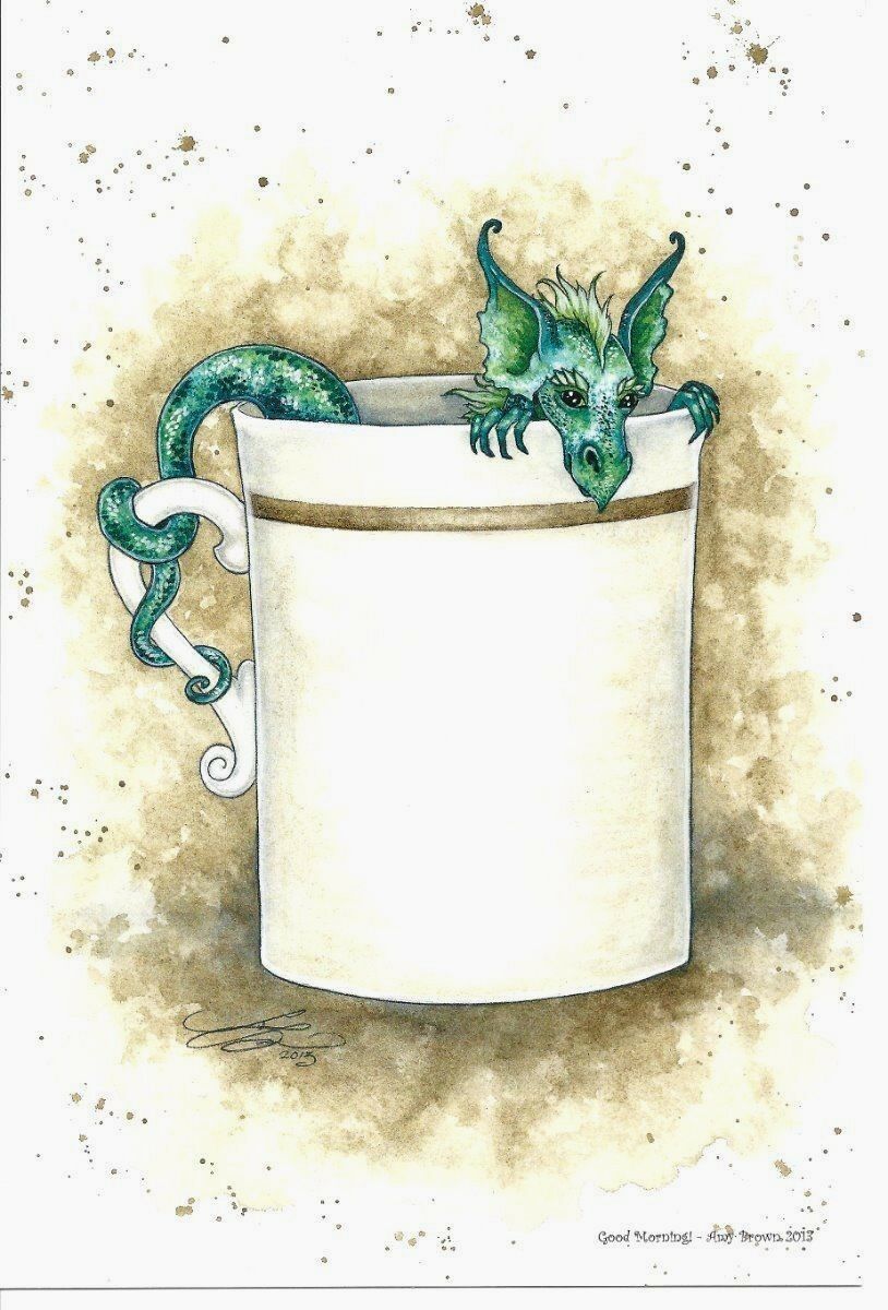 Amy Brown Art Print 6"x9" Good Morning Green Dragon Tea Coffee Cup Mug Fantasy