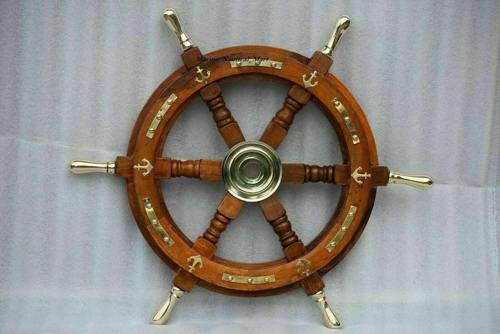 Nautical Wooden Ship Steering Wheel 18" Pirate Decor Item Brass Handle Anchor