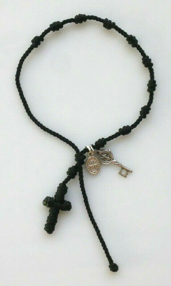 St Benedict Key Of Heaven Black Corded Rosary Bracelet With Silver Tone Charms