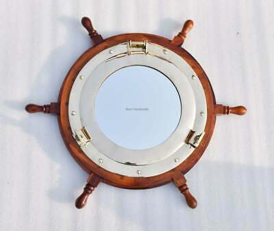 24" Nautical Ship Wheel Mirror | Brass Porthole Mirror | Exclusive Wall Decor M
