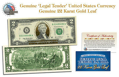 24 Karat Gold * Legal Tender * Genuine Banknote $2 U.s. Bill Banknote With Coa